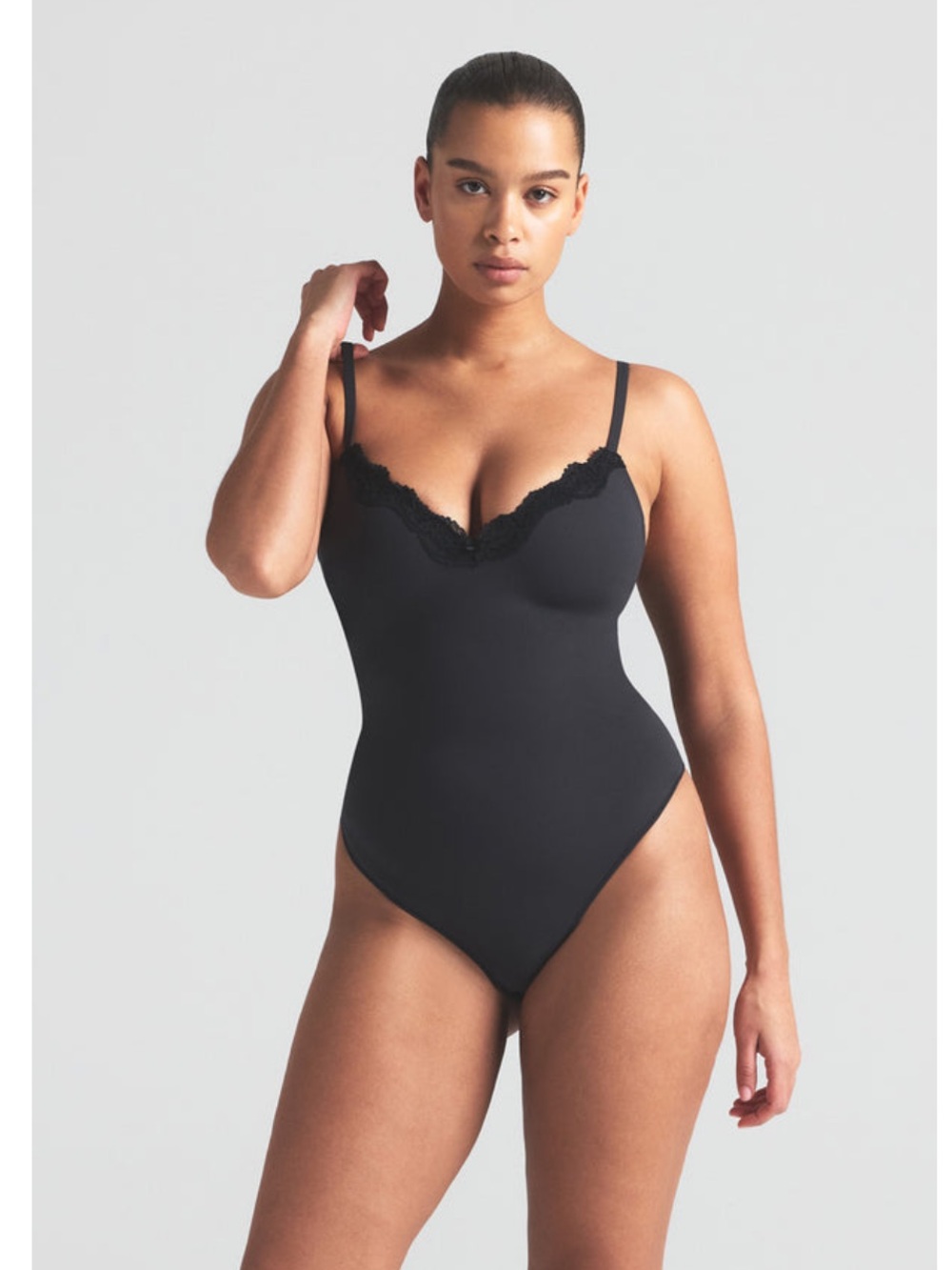 SKIMS Onyx Black Lace-Trim Push-Up Thong Bodysuit